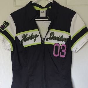 Harley-Davidson Black and White Shirt with Green and Pink Details